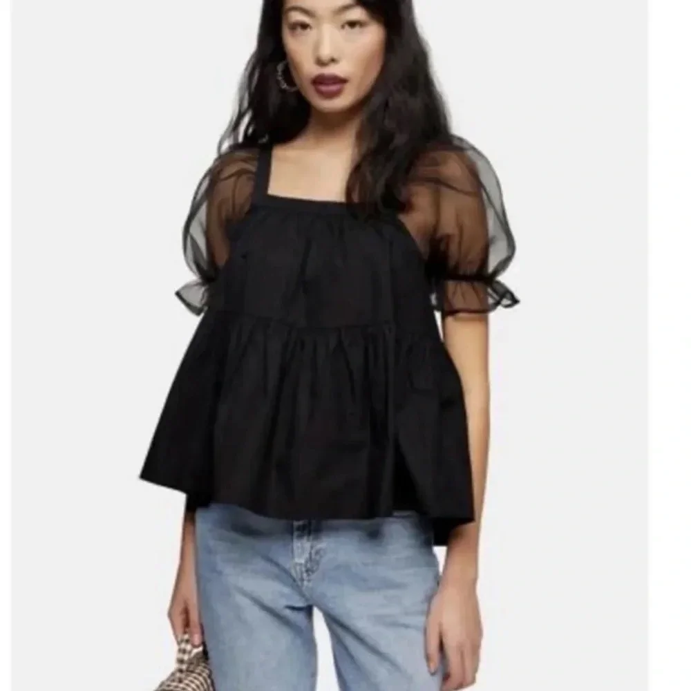 Pomander Place Tuckernuck Women's Black Tinsley Top Blouse Sheer Puff‎ Sleeve XS